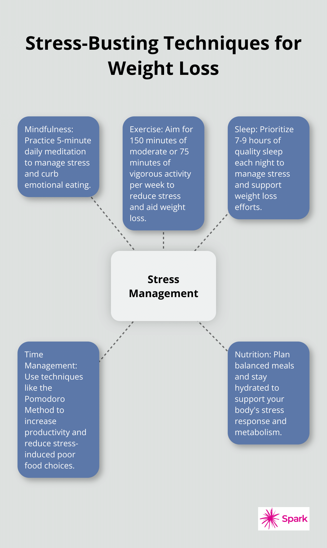 Hub and spoke chart illustrating five stress-busting techniques for weight loss success: Mindfulness, Exercise, Sleep, Time Management, and Nutrition - stress management weight loss