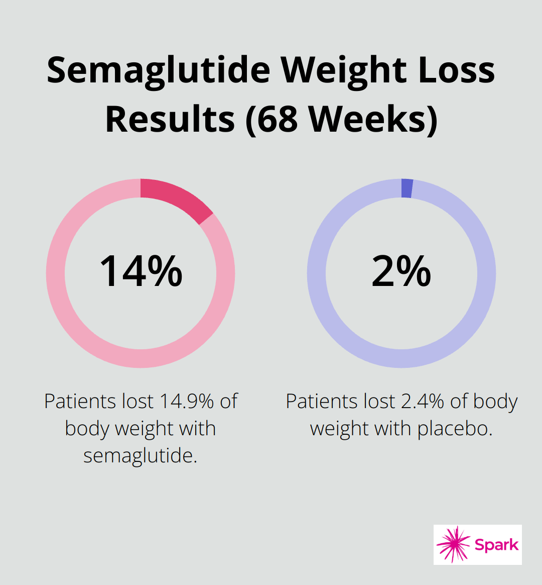 Chart comparing weight loss percentages: 14.9% with semaglutide vs 2.4% with placebo over 68 weeks - weight loss medication news